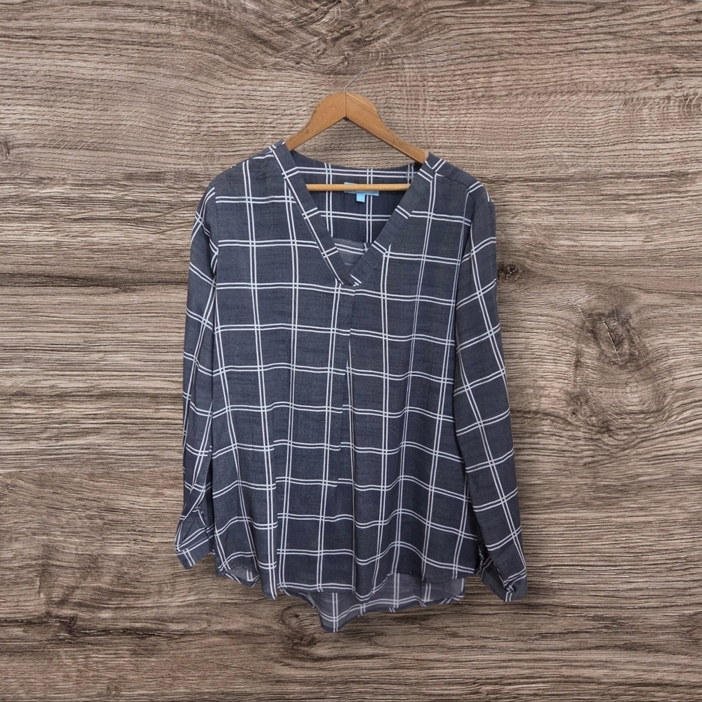 Penmans Plaid V-Neck Blouse - Gray And White Size 14
